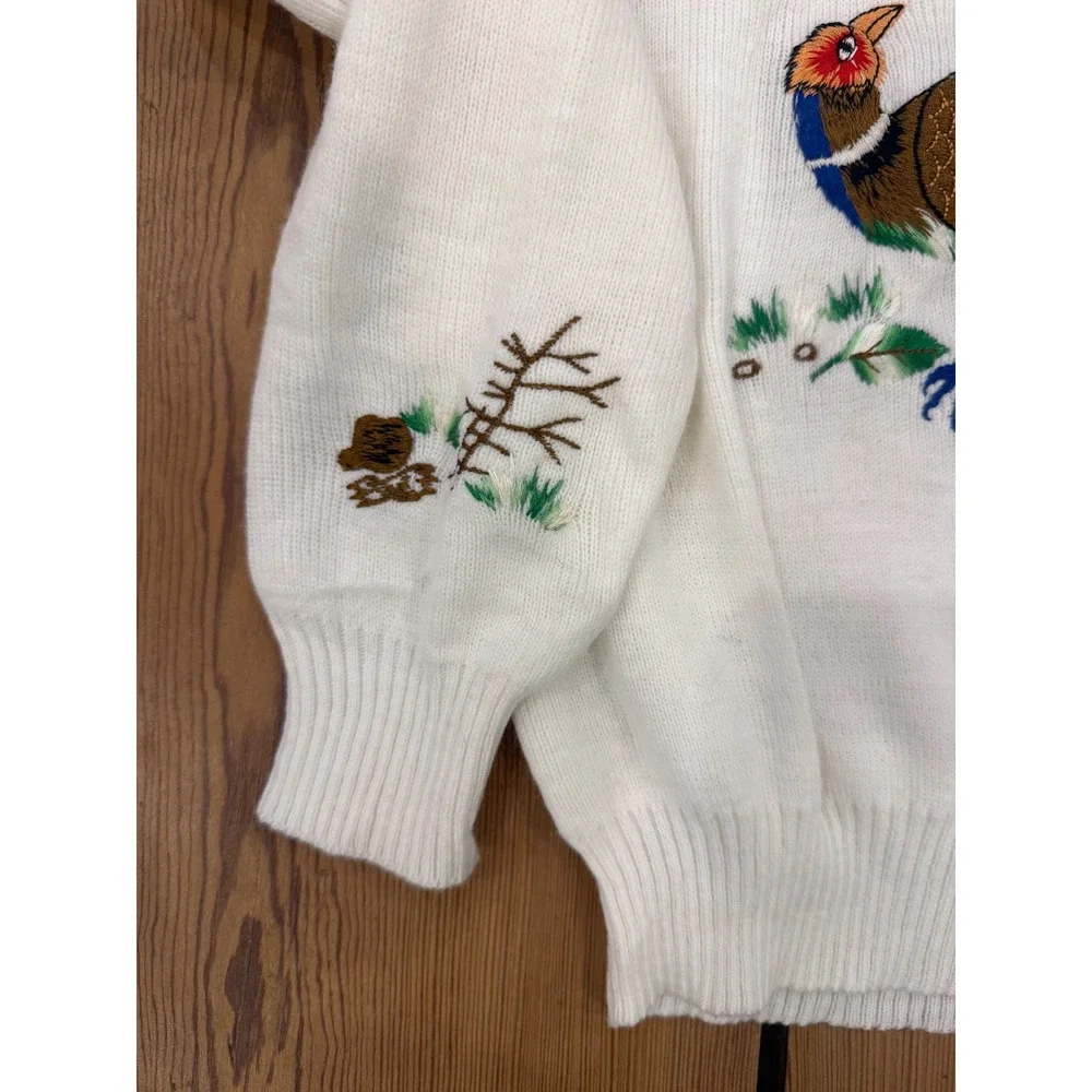 Vintage JCPenney Pheasant Embroidered Sweater White V-Neck Hunting Grandpa Core - Picture 3 of 7